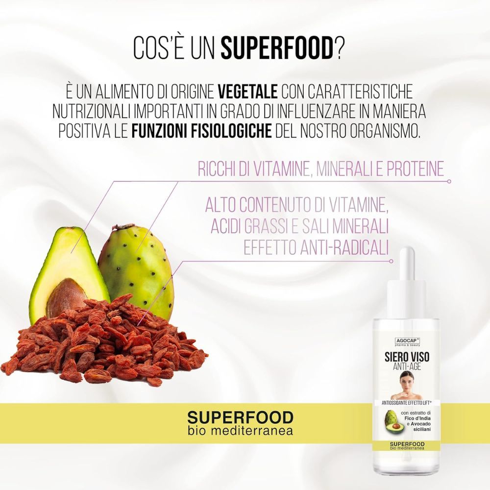 Gesichtsserum-Fläschchen. Aufschrift: Siero Viso Anti-Age. Mit Avocado und Feigenkaktus-Extrakt. Superfood. Avocado, Feigenkaktus und Goji-Beeren.