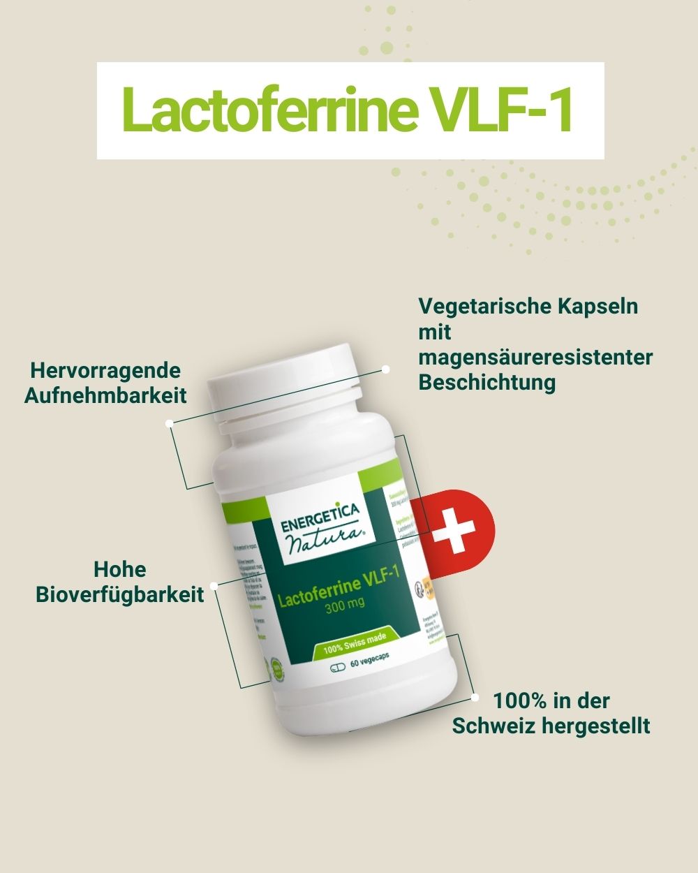 Weiße Flasche mit grünem Etikett. Beschriftung: Lactoferrine VLF-1 150mg. 60 vegetarische Kapseln. Hergestellt in der Schweiz.