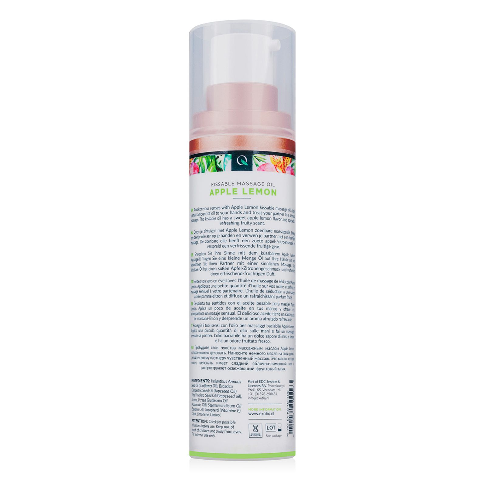 Rückseite der Massageöl-Flasche mit Text. Zutatenliste, Herstellerinformationen und Qualitätszeichen sind sichtbar.