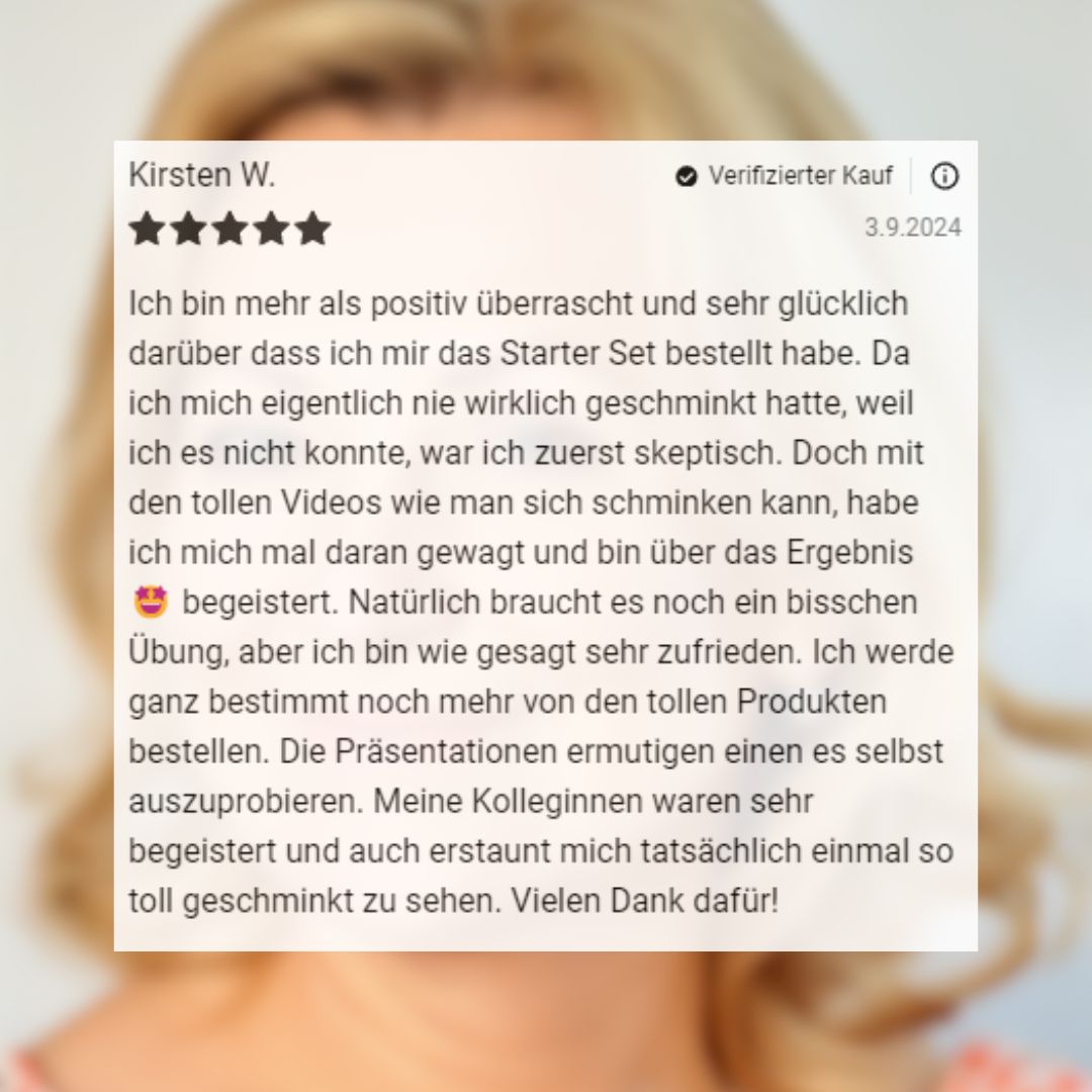 Kundenrezension mit 5 Sternen, die die Zufriedenheit mit dem Starter-Set von Cosline hervorhebt.