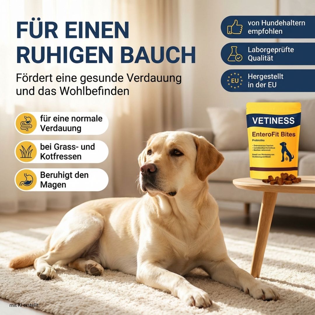 Gelbe Verpackung mit Produktnamen und Illustration. Hund auf Teppich. Text: Für einen ruhigen Bauch. Laborgeprüfte Qualität. Hergestellt in der EU.