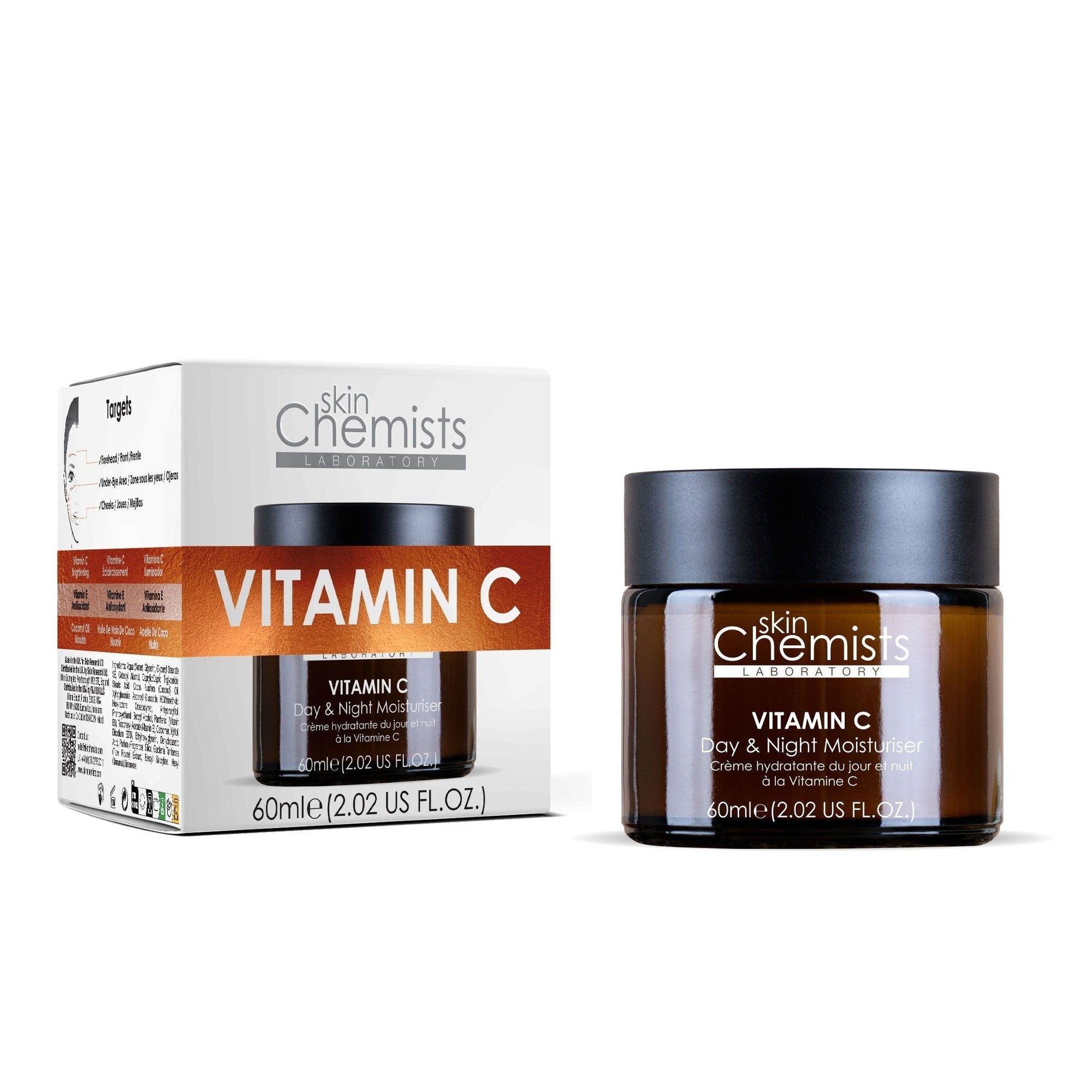 Produkt und Verpackung. Braune Glasdose mit schwarzem Deckel. Aufschrift: Vitamin C. Verpackung mit Text und Produktabbildung.