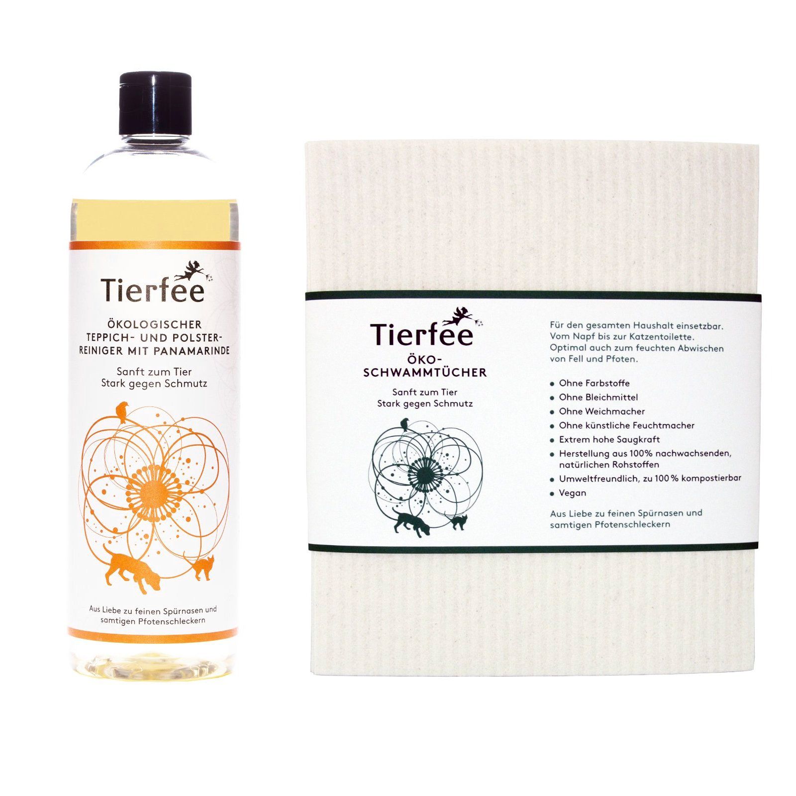 Reiniger-Flasche und Schwammtücher-Packung. Flasche mit Etikett, Schriftzug "Tierfee". Schwammtücher mit Band, Schriftzug "Tierfee".