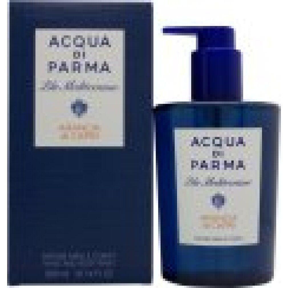 Blaue Flasche mit Pumpverschluss und Schachtel. Etikett mit Text: Acqua di Parma, Arancia di Capri. Sapone Mani e Corpo.