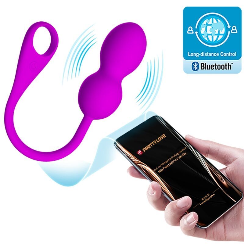 Lila Vibrationskugeln mit Bluetooth-Funktion, verbunden mit Smartphone. Auf dem Bildschirm steht "Pretty Love".