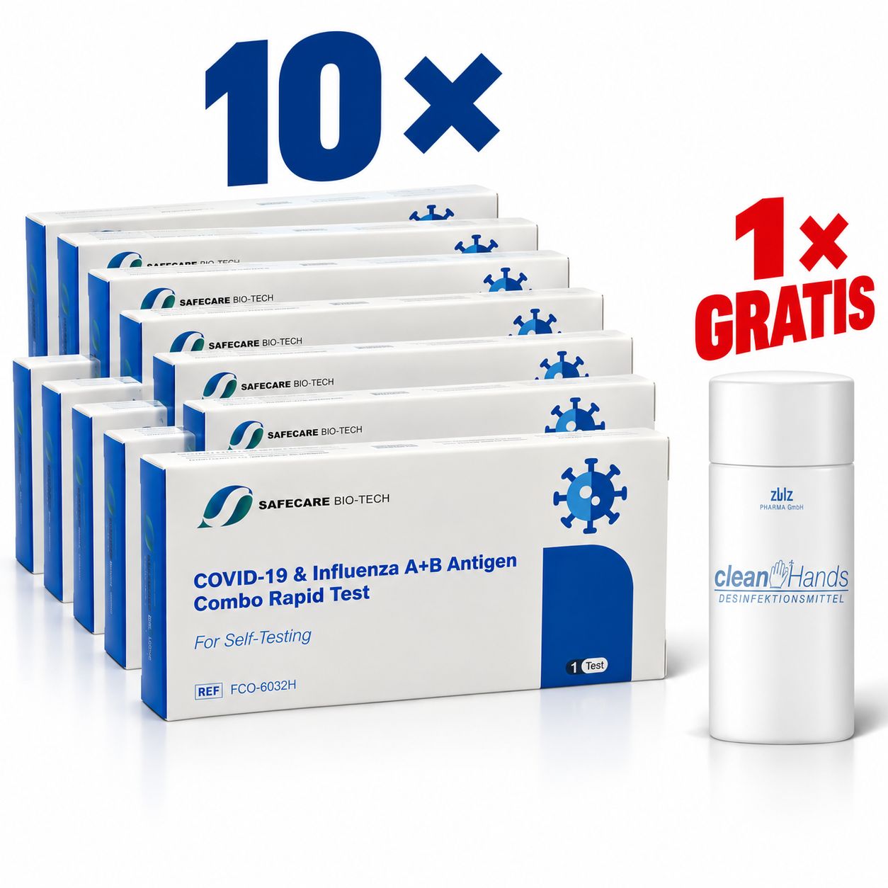 Safecare 3in1 Kombitest - Covid19 + Influenza A B & Gratis ZWZ Desinfektionsmittel 10 St Test
