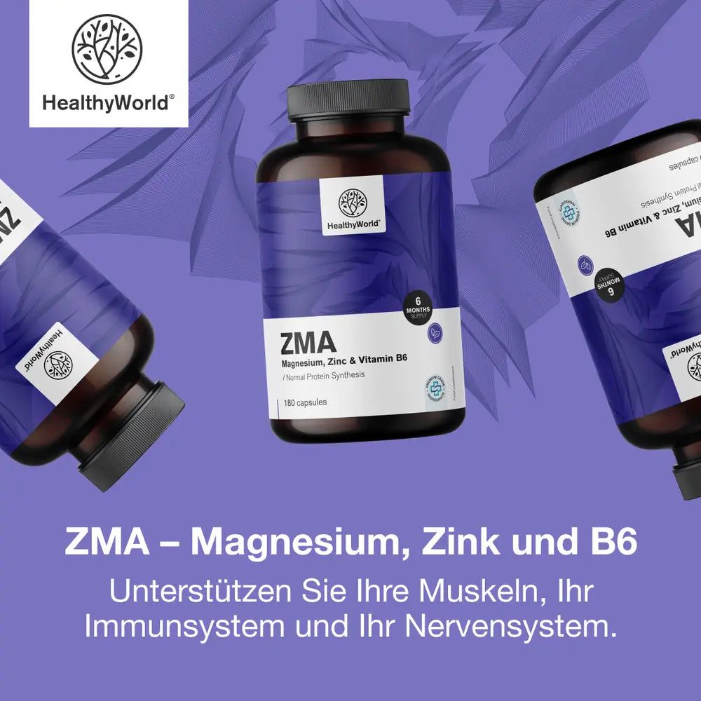 Werbung mit Flaschen ZMA. Text: ZMA - Magnesium, Zink und B6. Unterstützen Sie Ihre Muskeln, Ihr Immunsystem und Ihr Nervensystem. Logo HealthyWorld.