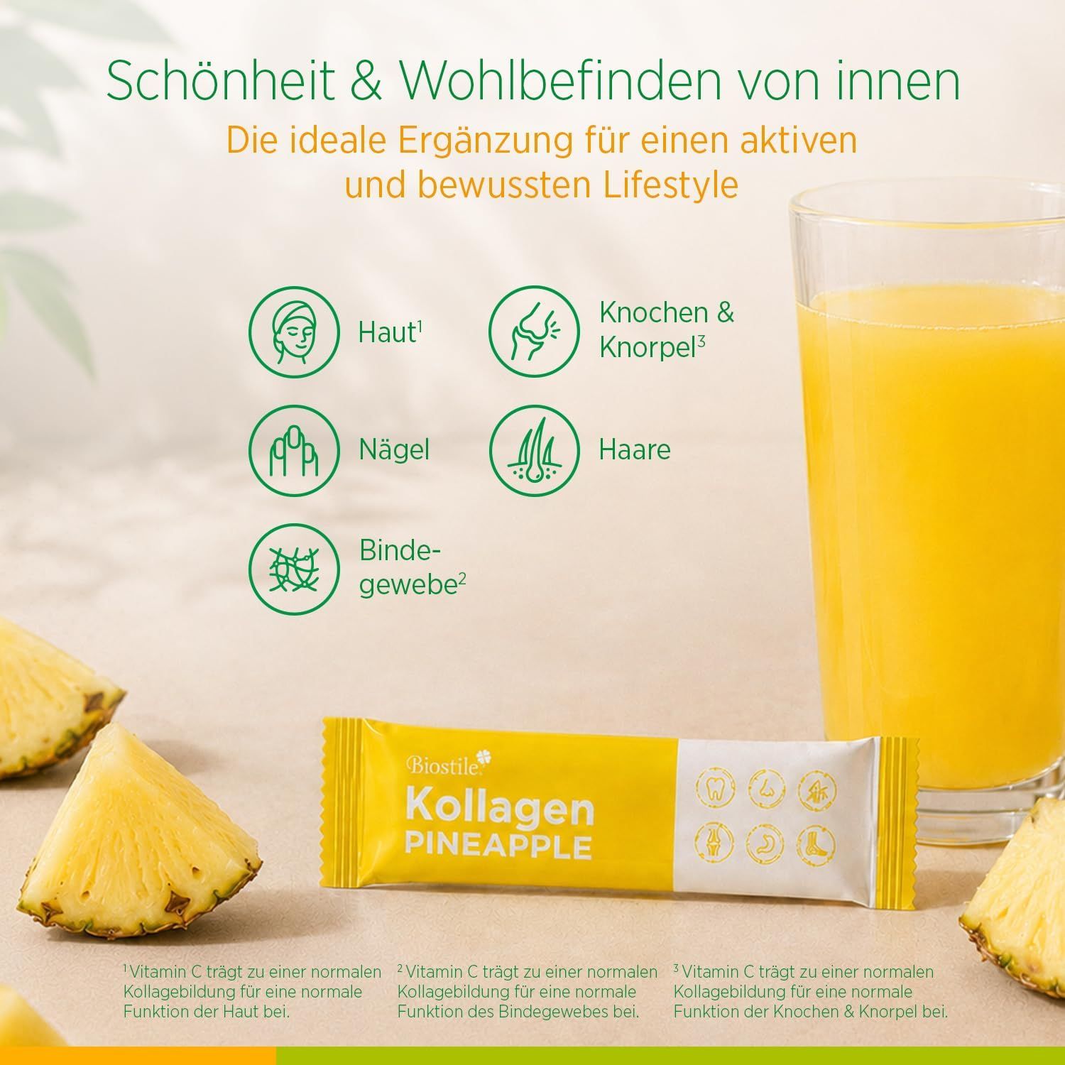 Biostile Collagen Pineapple: Icons für Haut, Nägel, Haare, Knochen, Bindegewebe.
