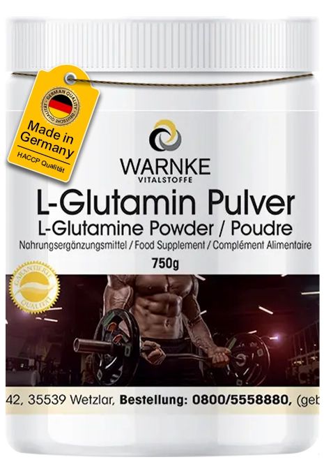 Weißes Kunststoff-Behälter mit Deckel. Aufschrift: L-Glutamin Pulver. Etikett: Made in Germany. Gewicht: 750g. Mit Logo und Text.