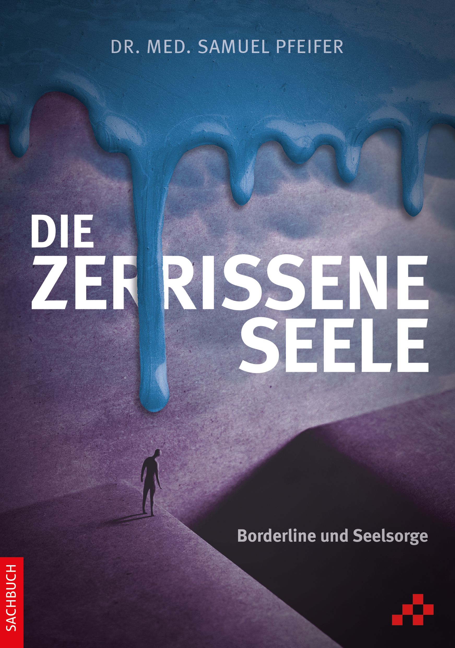 Buchcover mit Titel "Die zerrissene Seele". Blauer Farbklecks, Silhouette einer Person, Schriftzug "Borderline und Seelsorge".