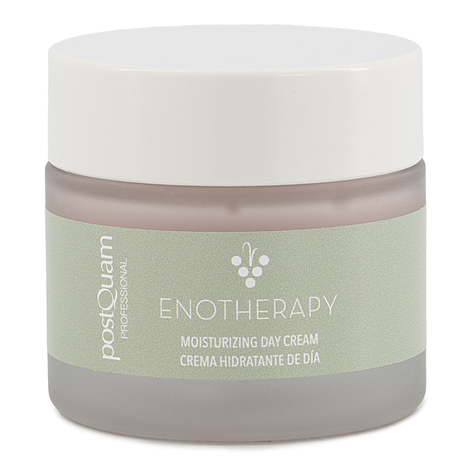 Creme-Tiegel mit weißem Deckel. Aufschrift: PostQuam, Enotherapy, Moisturizing Day Cream. Grüner Aufkleber.