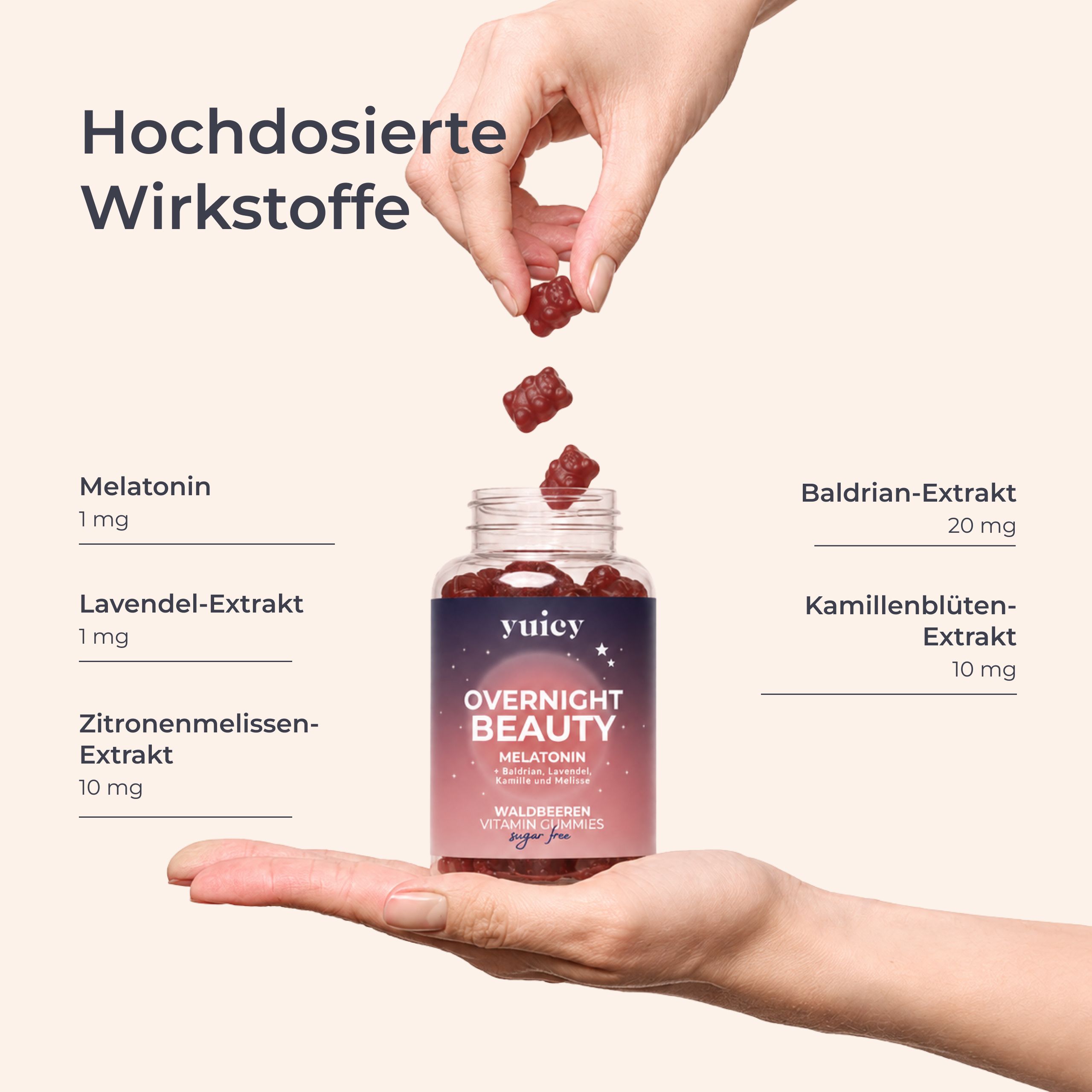 Hand hält yuicy® Overnight Beauty Gummies. Inhaltsstoffe: Melatonin, Lavendel, Kamille, Zitronenmelisse. Dosierung in mg.