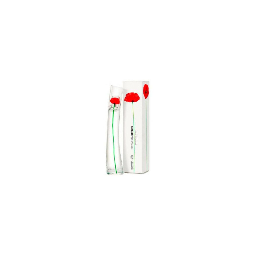 Parfümflasche und Verpackung. Flasche mit roter Blume, grüner Stiel. Verpackung mit roter Blume und Schriftzug.