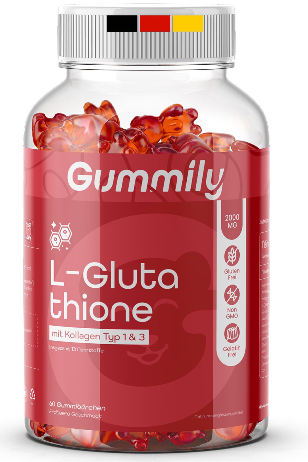 Gummily® L-Glutathion Gummibärchen in Glasflasche. Rote Gummibärchen, Etikett mit Produktinformationen. Glutenfrei, Non-GMO, Gelatinefrei.