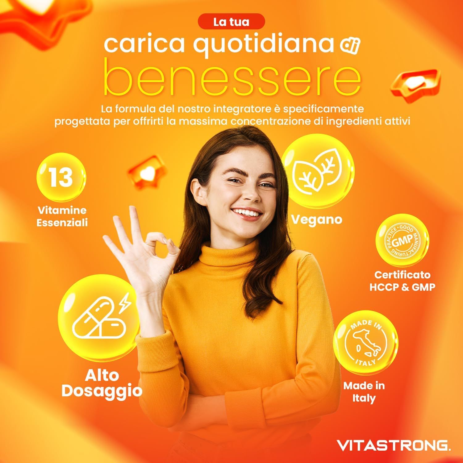 Frau mit gelbem Oberteil zeigt ein Ok-Zeichen. Vegan- und GMP-Siegel. Made in Italy. Vitastrong-Logo.