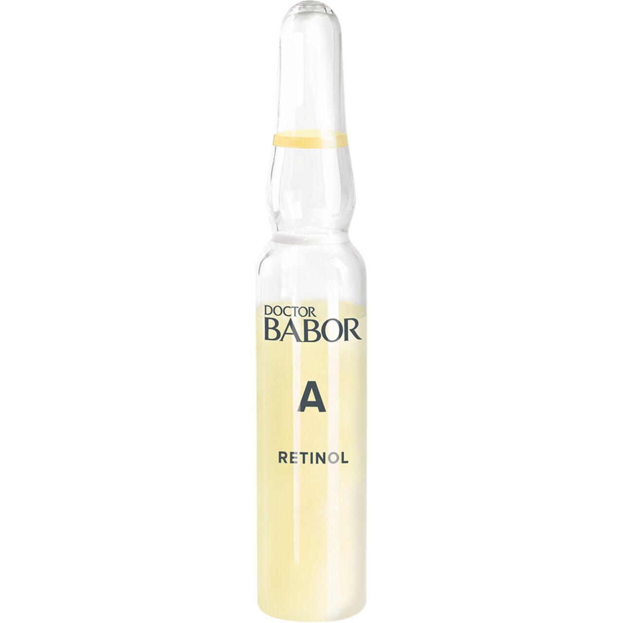 Einzelne Doctor Babor Power Serum Ampulle Retinol. Klare Glasampulle mit gelblicher Flüssigkeit. Beschriftung mit 'A' und 'Retinol'.