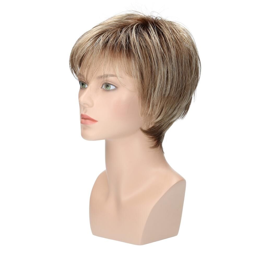 Perücke Maxi von trendhair in Mittel-/Hellblond, dunkler Ansatz, auf einem Schaufensterkopf. Seitenansicht.