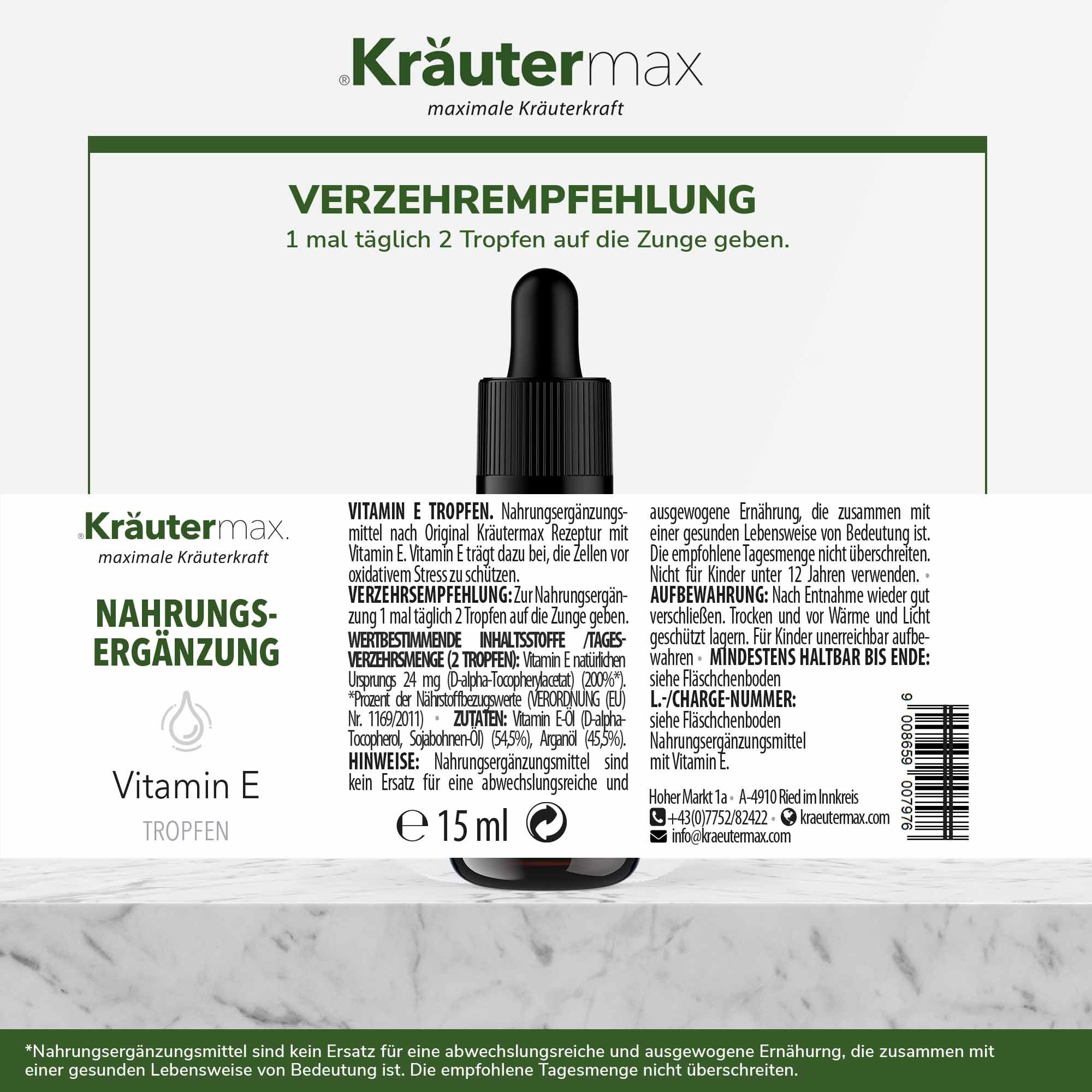Braune Glasflasche mit schwarzem Deckel und Pipette. Text auf weißem Etikett. Text auf der Rückseite.