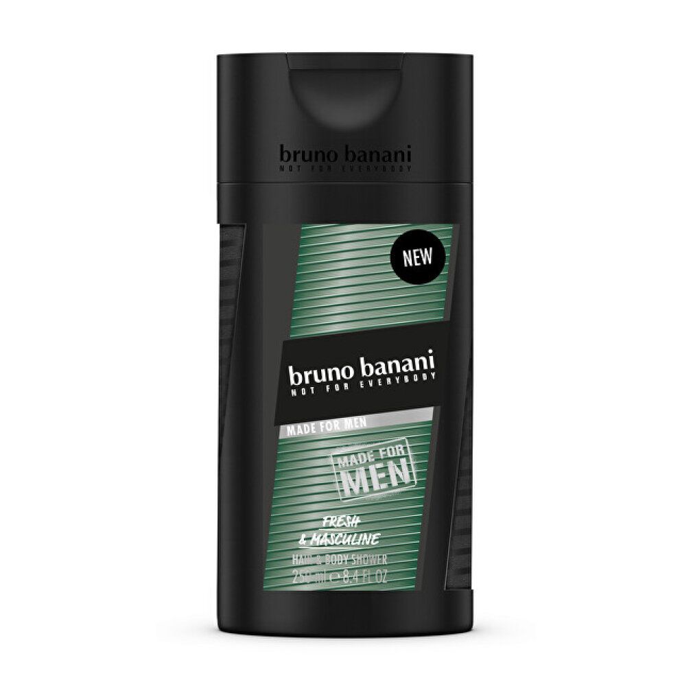 Schwarze Duschgelflasche mit grünem Etikett. Aufschrift: Bruno Banani Made for Men. Mit "NEW"-Aufkleber.