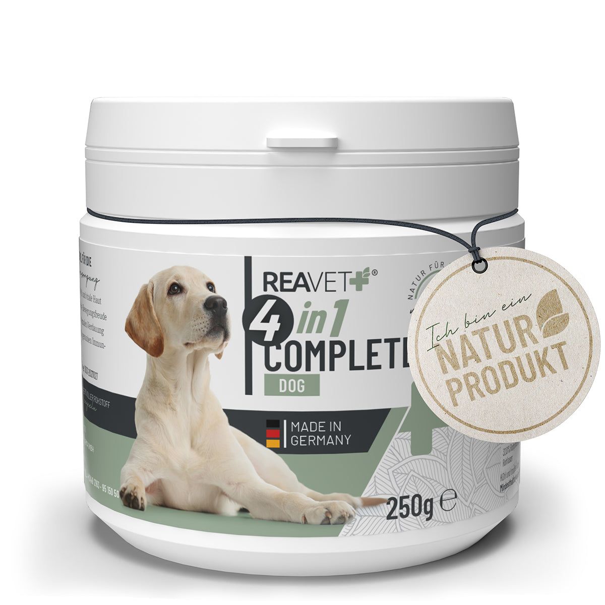 Weiße Dose mit Produkt für Hunde. Aufdruck: ReaVET 4in1 Complete Dog. Anhänger: Naturprodukt. 250g.
