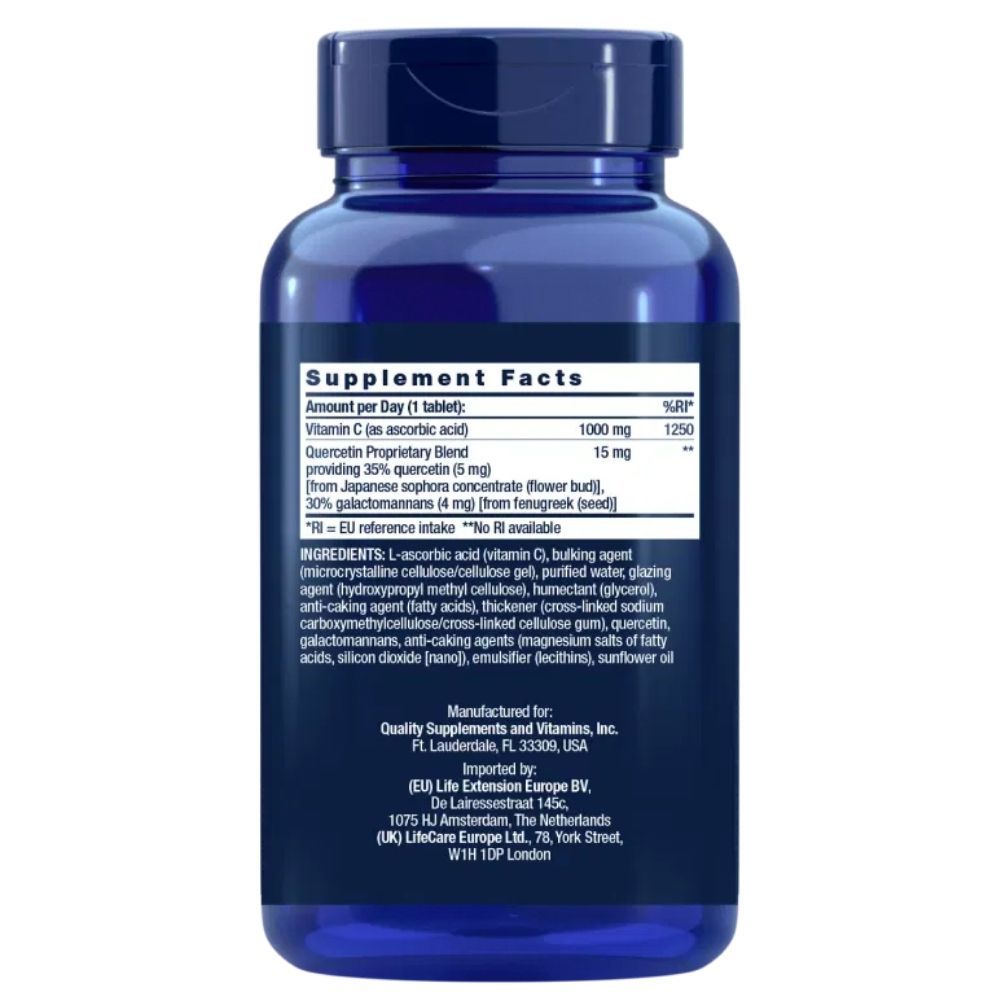 Dunkelblaue Flasche mit Etikett 'Supplement Facts'. Enthält Vitamin C und Quercetin. Hergestellt für Quality Supplements and Vitamins, Inc.