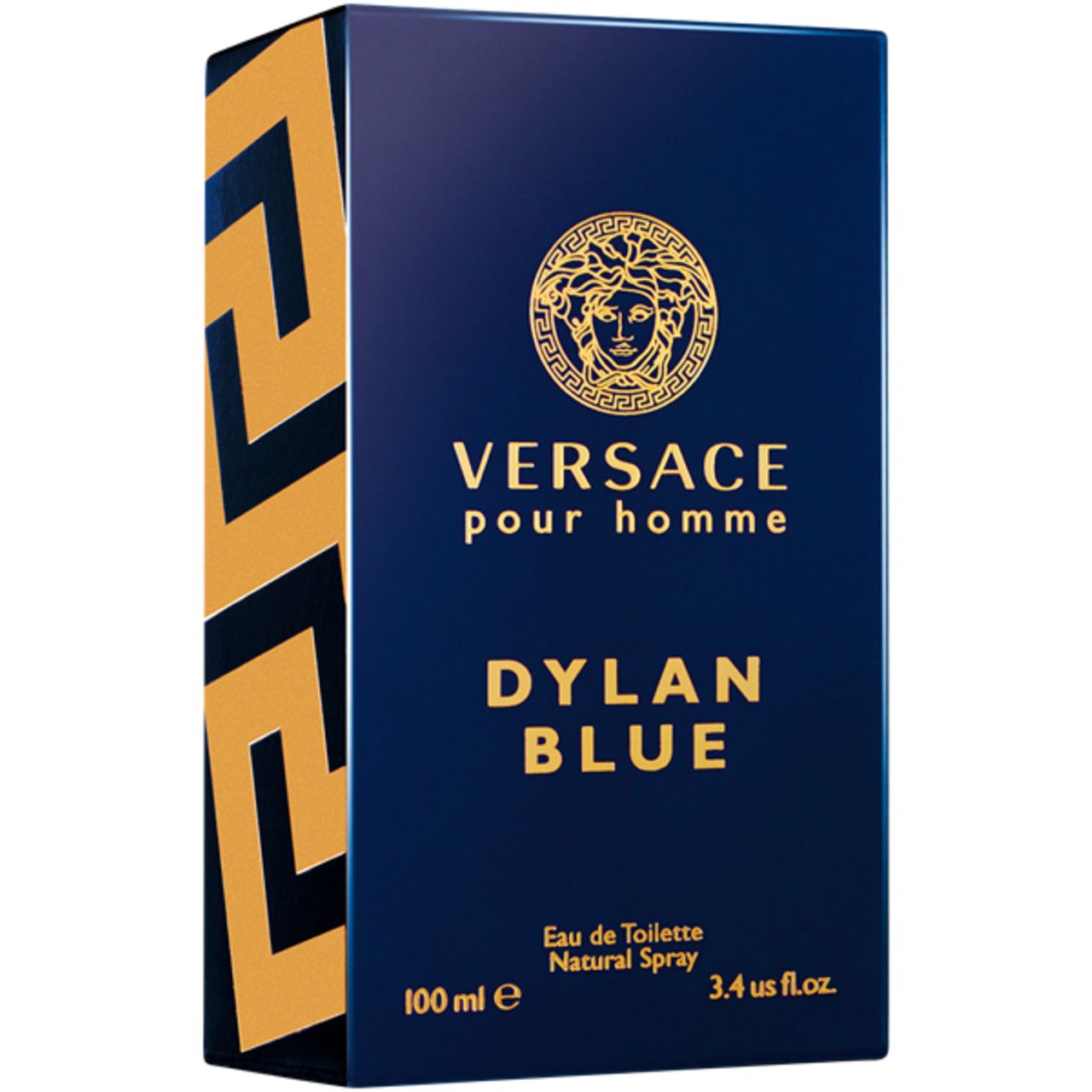 Schwarze Verpackung mit goldener Schrift. Text: Versace Pour Homme Dylan Blue. 100 ml.