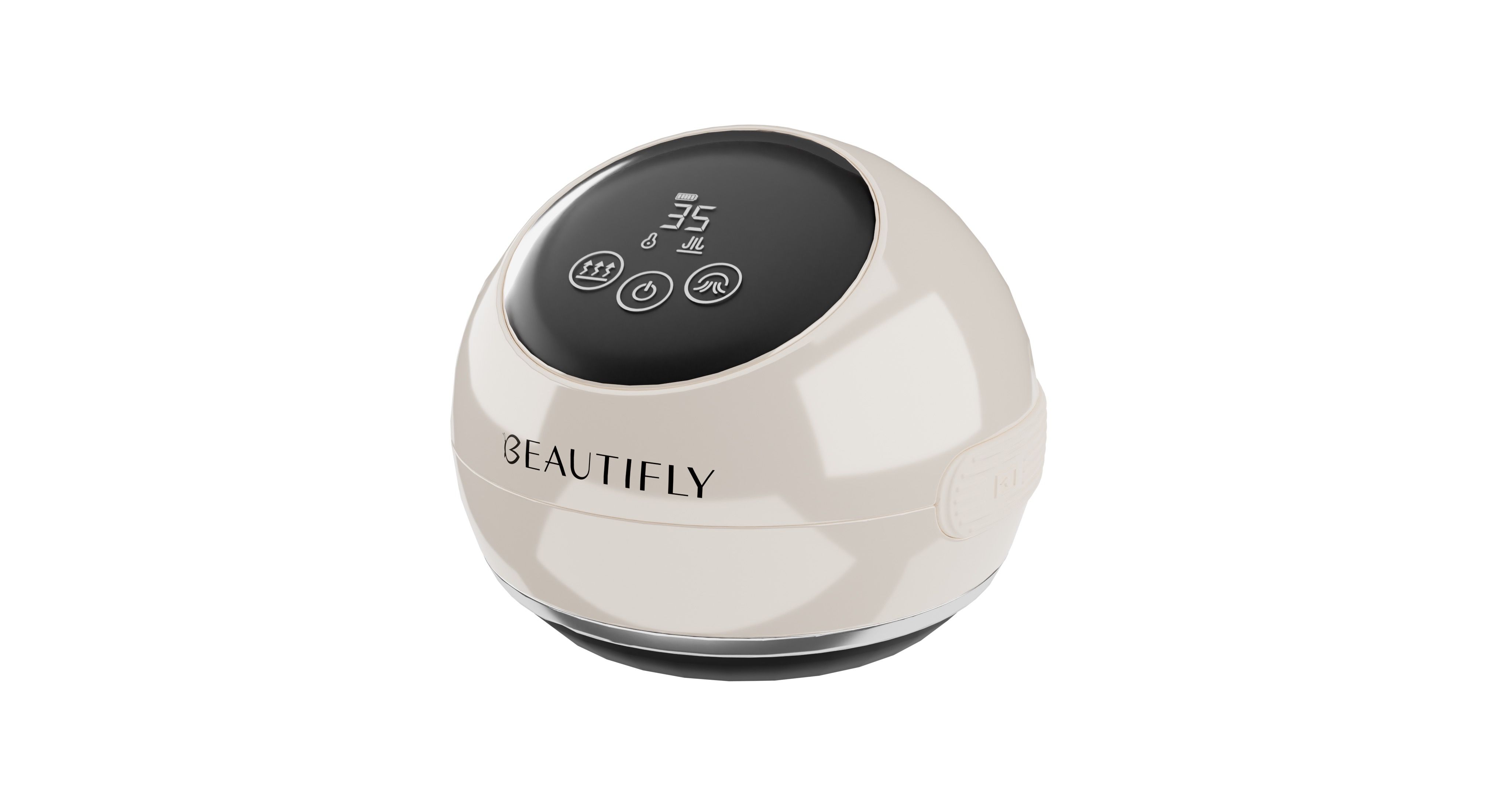 Beige Massagegerät mit schwarzem Display. Auf dem Display sind Zahlen und Symbole zu sehen. Der Schriftzug BEAUTIFLY ist sichtbar.