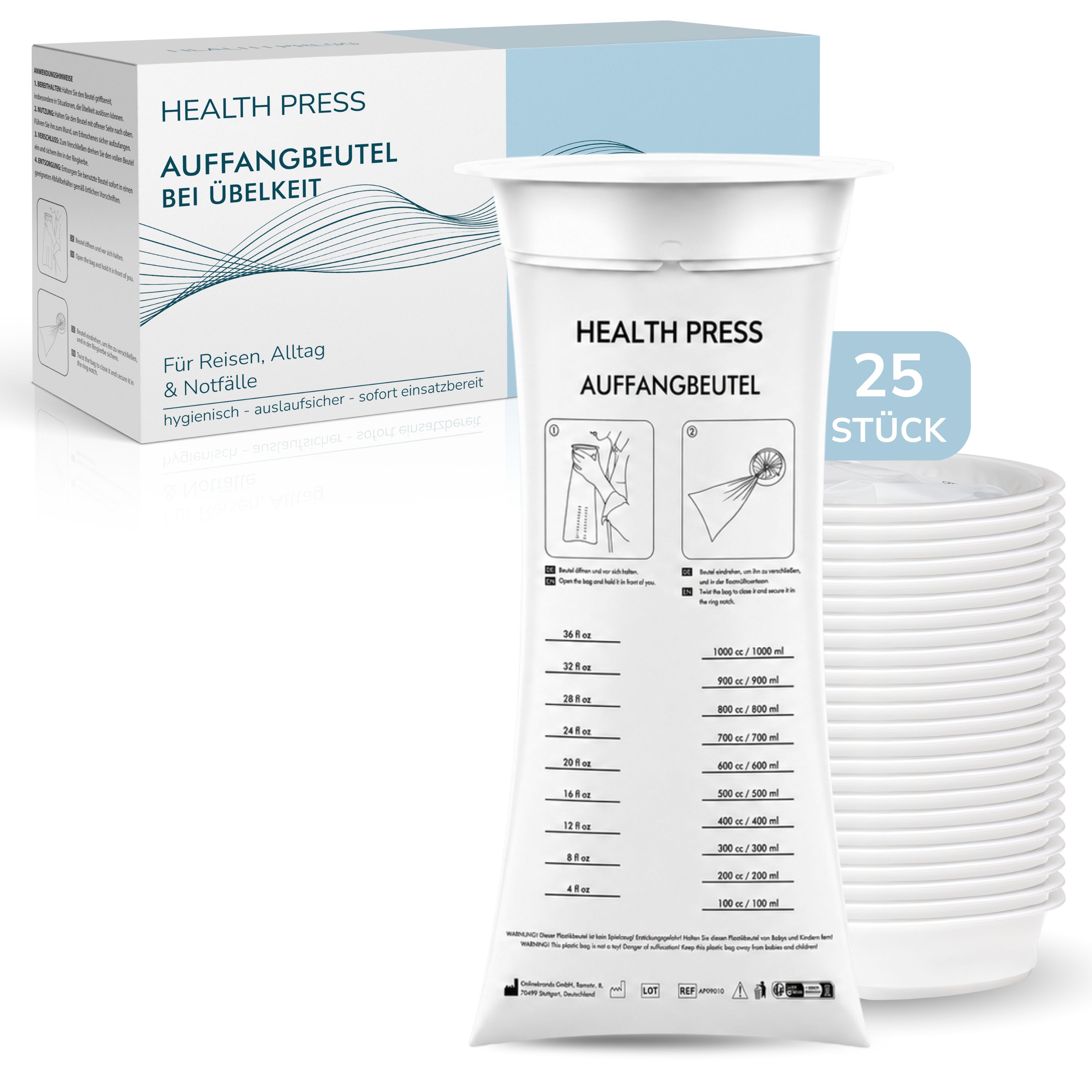Health Press Auffangbeutel bei Übelkeit, 25 Stück, mit Anleitung und Schale.