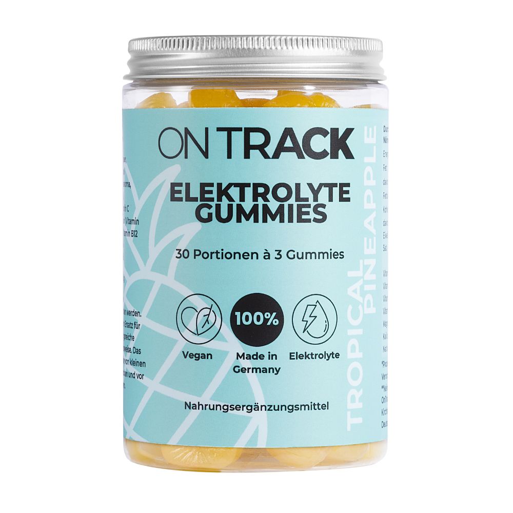 Glas mit Elektrolyte Gummies. Aufschrift: OnTrack, Elektrolyte Gummies, 30 Portionen, 3 Gummies. Vegan, 100%, Made in Germany, Tropical Pineapple.