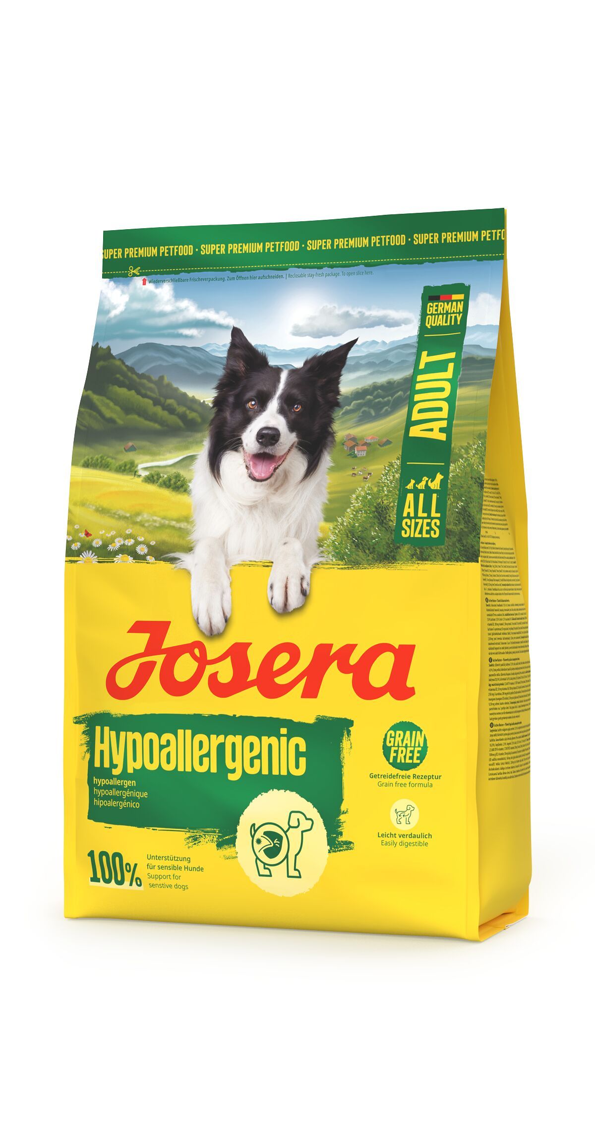 Gelbe Verpackung mit Hund und Produktbezeichnung. Aufschrift: JOSERA Adult Hypoallergenic. Mit Qualitätszeichen.
