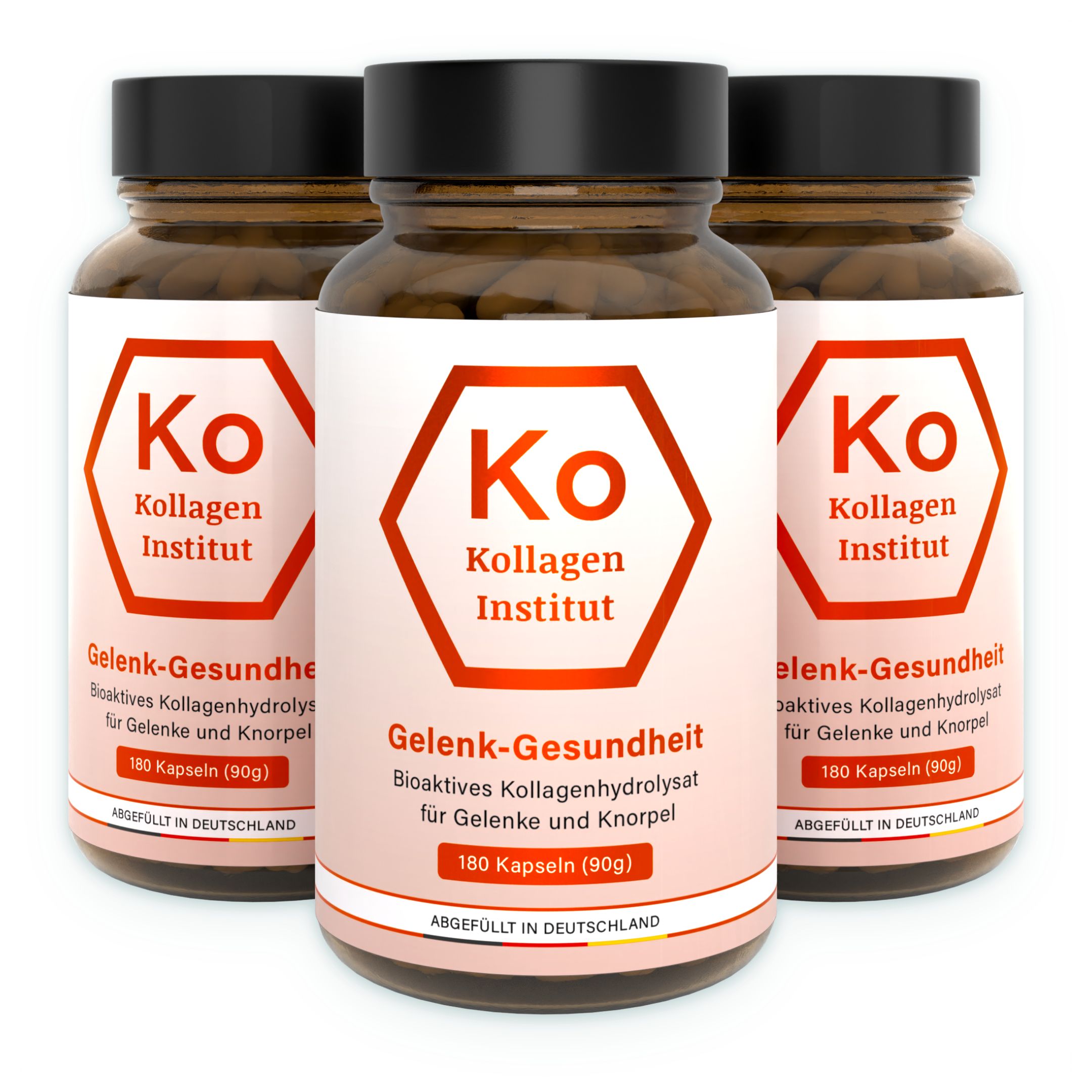 Drei Flaschen Kollagen Kapseln für Gelenke und Knorpel, 180 Kapseln (90g) pro Flasche.