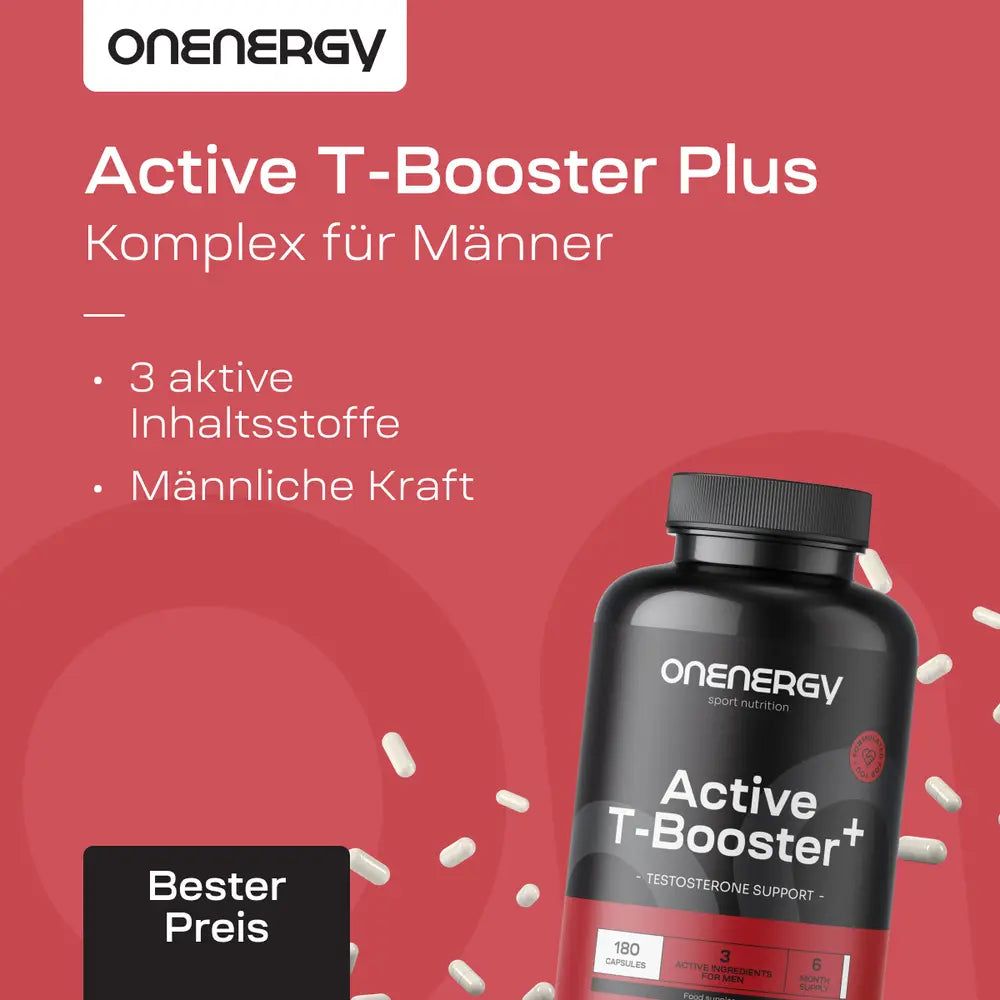 Flasche Active T-Booster Plus, Komplex für Männer mit 3 aktiven Inhaltsstoffen.