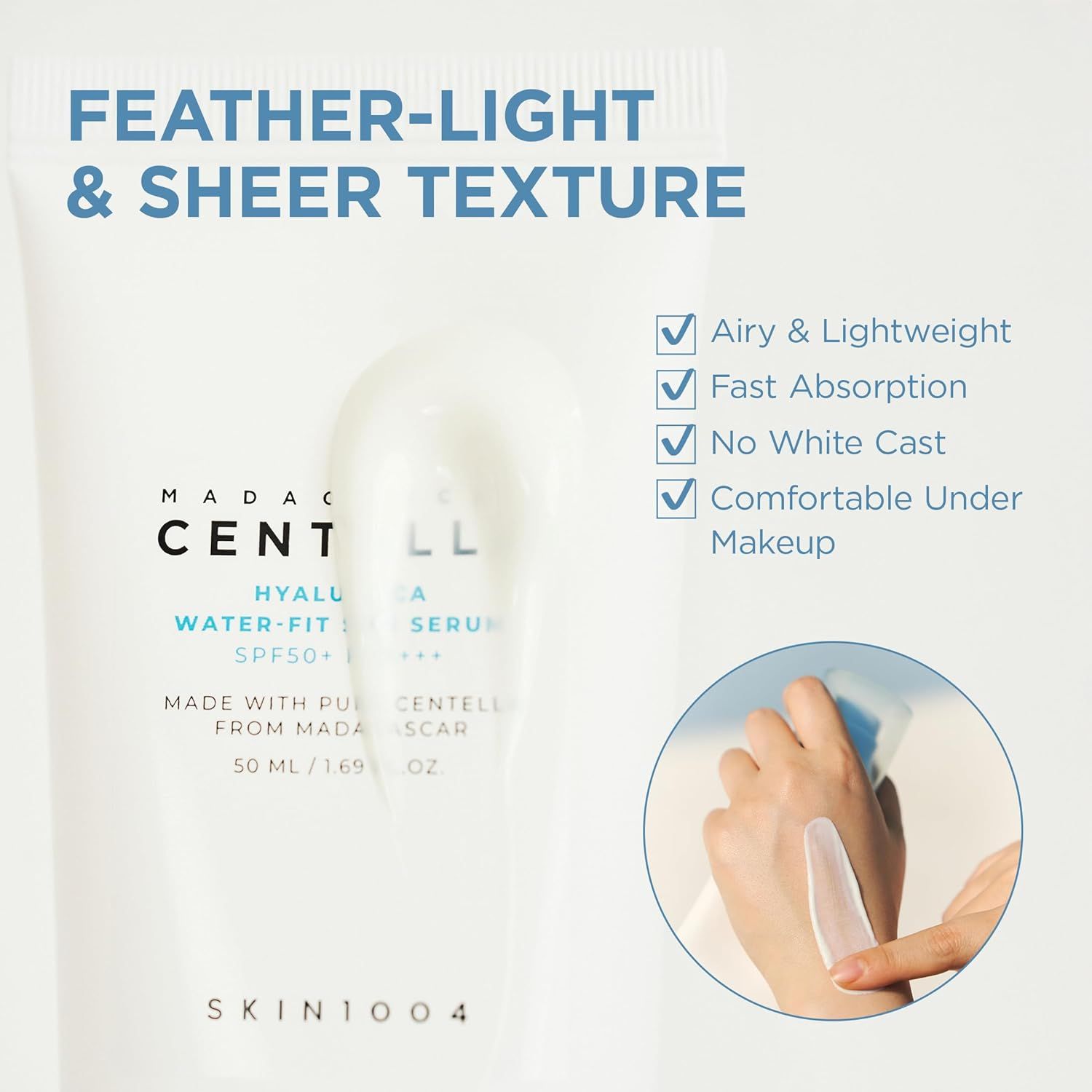 Produkt-Tube und Text. Text beschreibt Eigenschaften: leicht, schnell einziehend, kein weißer Film.