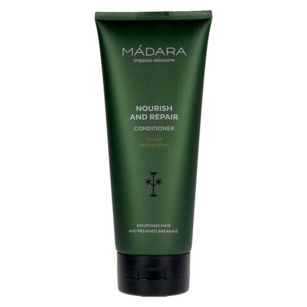 Grüne Tube mit Schriftzug MÁDARA, Nourish and Repair Conditioner. Für trockenes, strapaziertes Haar. Text: Nourishes hair and prevents breakage.