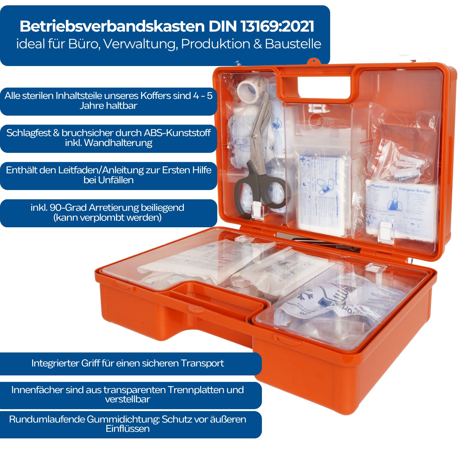 Geöffnete orange Erste Hilfe Koffer mit Inhalt. Innenfächer mit transparenten Trennplatten. DIN 13169.