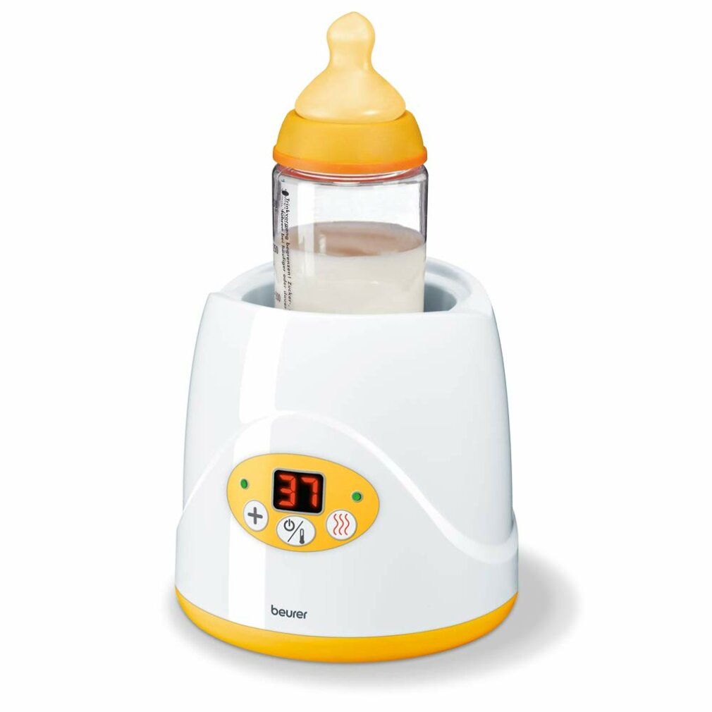 Weiß-gelber Babykost- und Flaschenwärmer mit Flasche. Digitalanzeige mit Temperatur. Marke: Beurer.