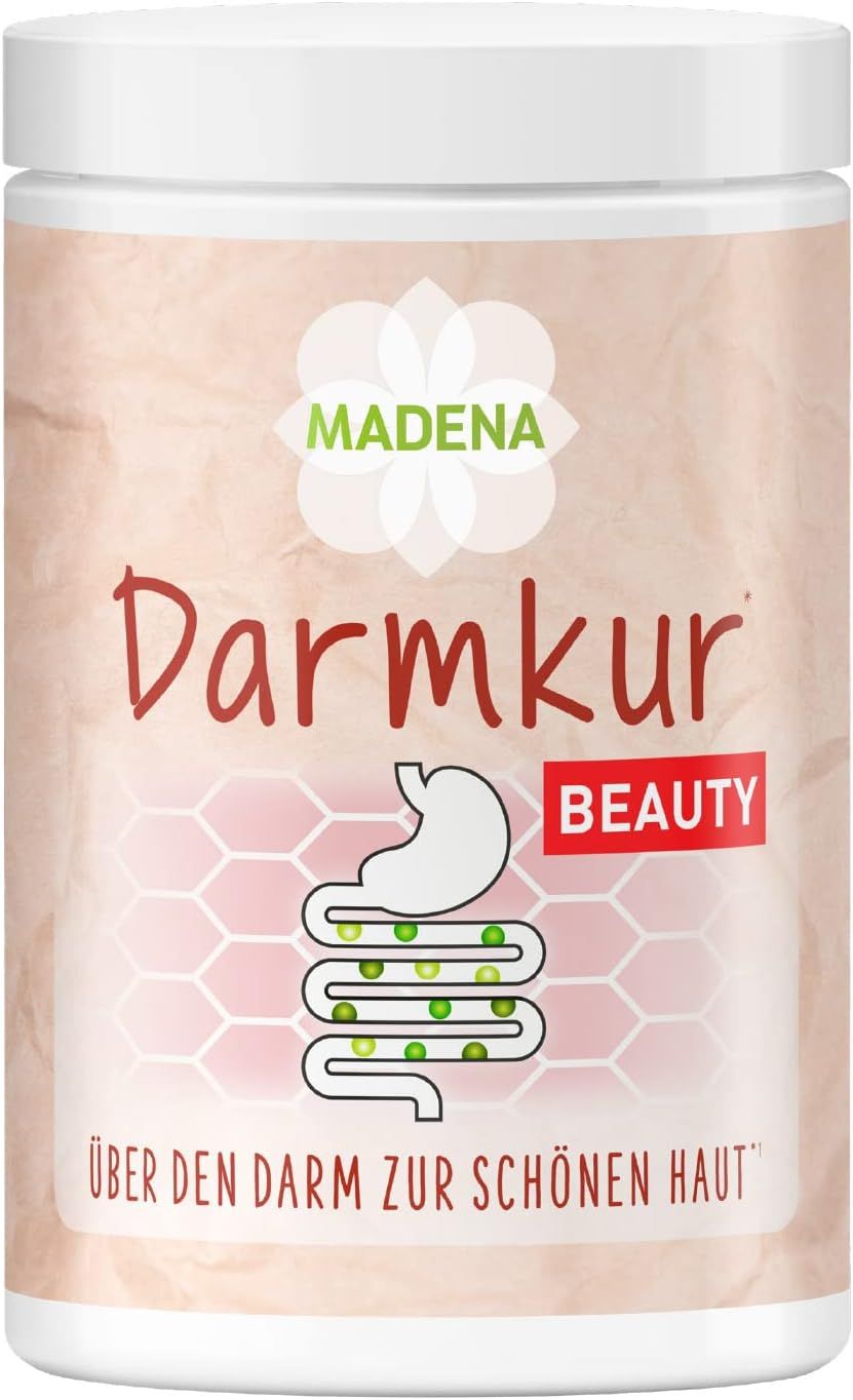 MADENA Darmkur Beauty-Dose. Logo und Produktbezeichnung. Text: Über den Darm zur schönen Haut.