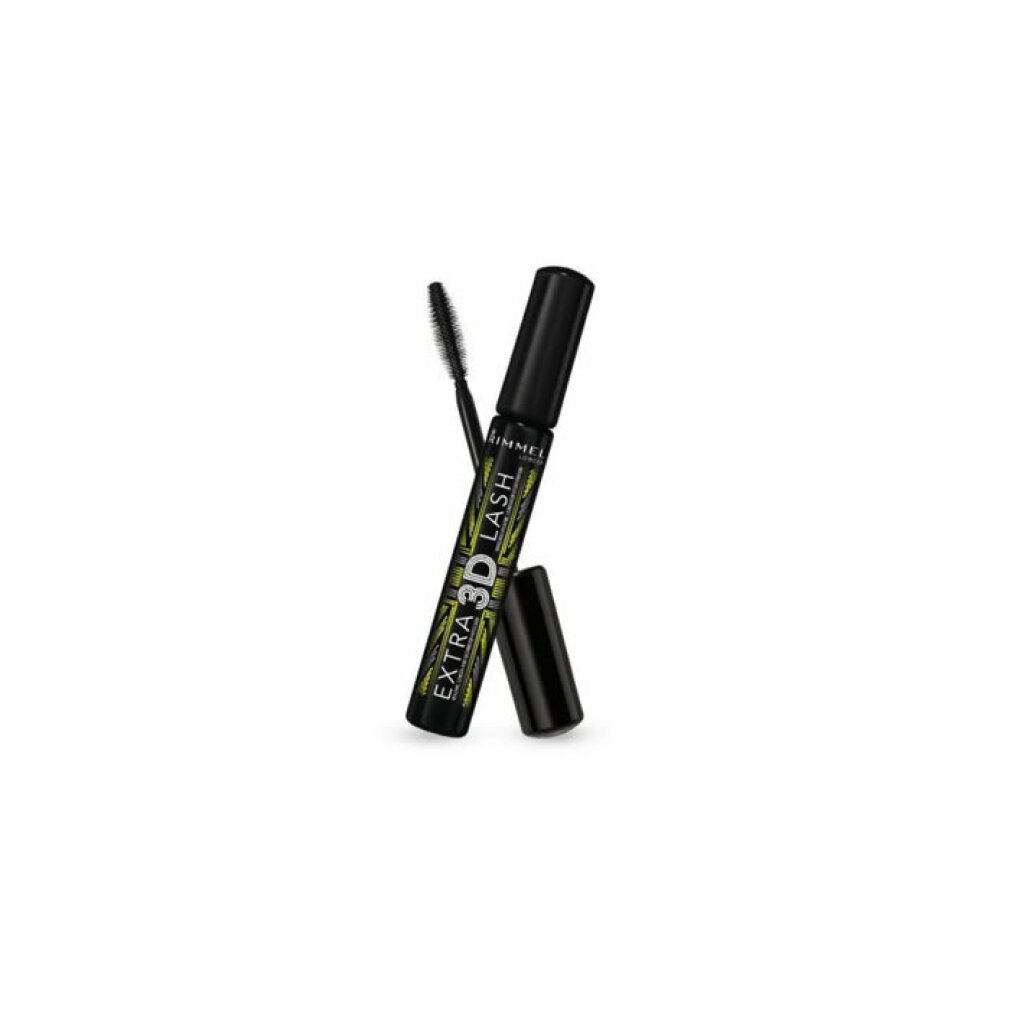Schwarze Mascarabürste und -flasche. Aufschrift: EXTRA 3D LASH. Marke: Rimmel London. Deckel geöffnet.