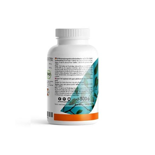 Weiße Flasche mit Schraubverschluss. Aufkleber mit Text und Blättermotiv. Bio-Zertifizierung. 300g. Barcode.