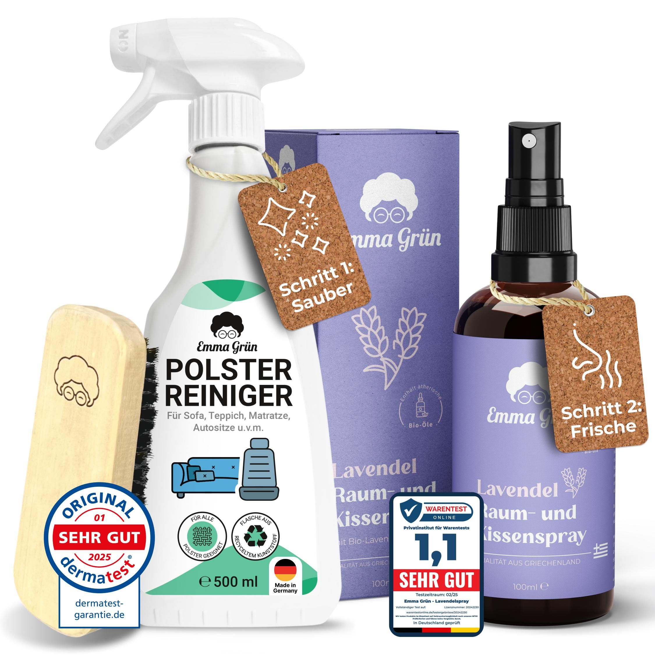 Set mit Polsterreiniger und Raumspray. Enthält Flaschen, Sprühkopf, Bürste und Etiketten. Aufdrucke: Emma Grün, Lavendel, Sauber, Frisch.