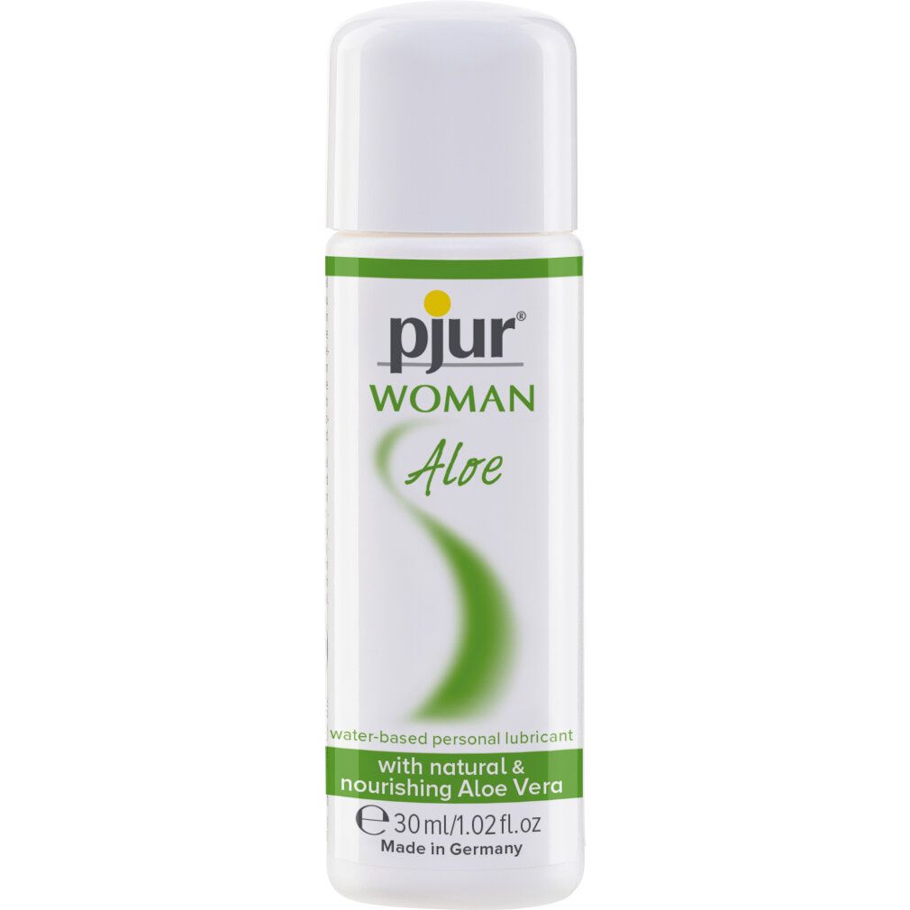 Weiße Flasche mit grünem Etikett. Aufschrift: pjur WOMAN Aloe. Enthält 30ml/1.02 fl.oz. Wasserbasiertes Gleitmittel.