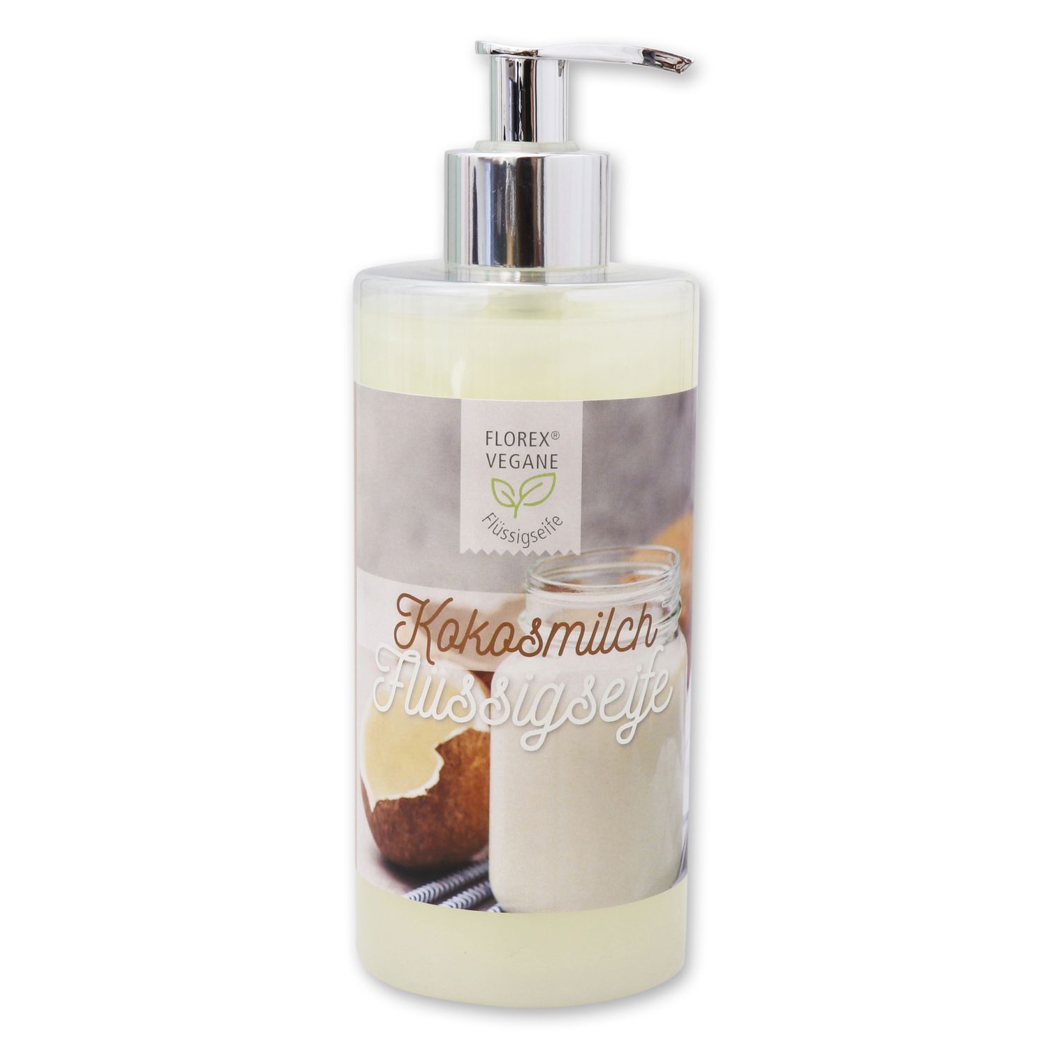 Flüssigseife im Spender. Aufschrift: Florex Vegane, Kokosmilch Flüssigseife. Transparente Flasche mit silbernem Pumpkopf.