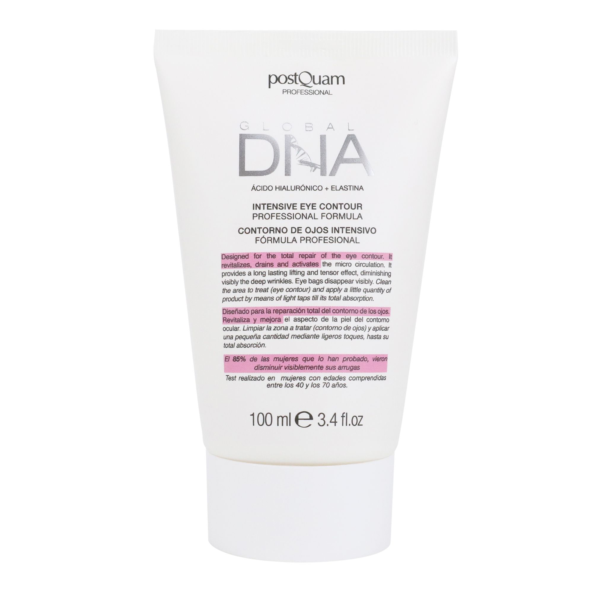 Weiße Tube mit Produkttext. Aufschrift: "postQuam PROFESSIONAL", "GLOBAL DNA", "INTENSIVE EYE CONTOUR".