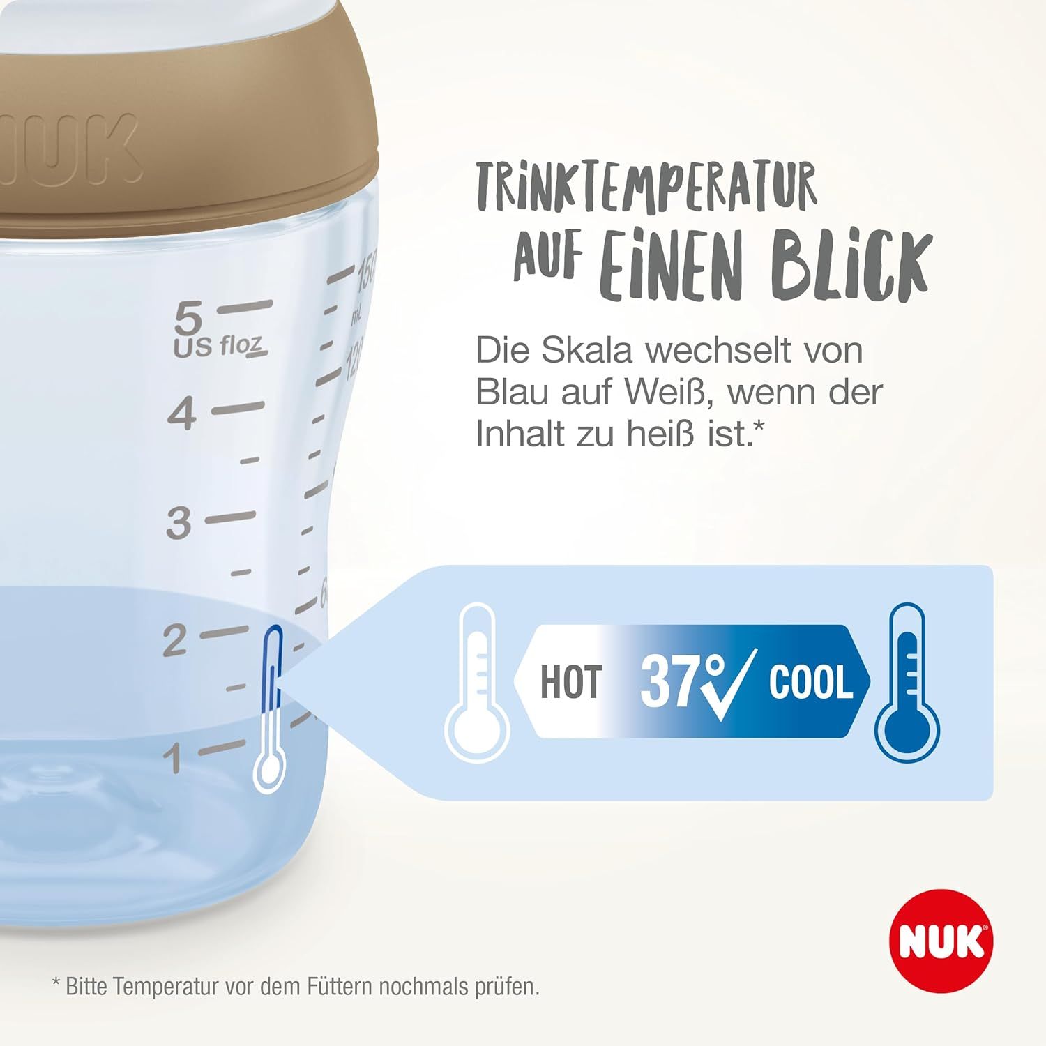 Babyflasche mit Temperaturanzeige. Text: „Trinktemperatur auf einen Blick“. Skala wechselt von blau zu weiß. NUK-Logo.