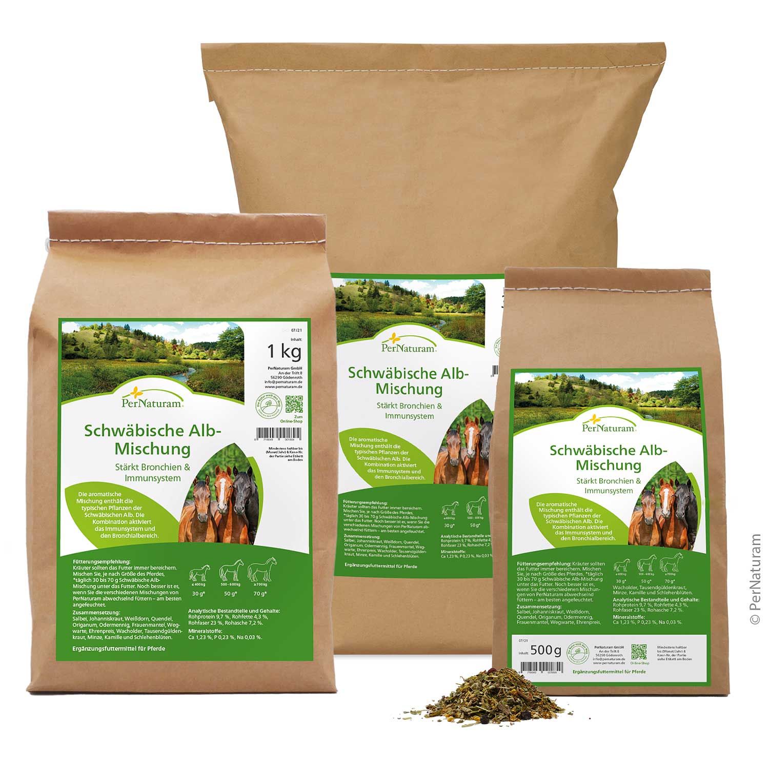 Drei Papiertüten mit Kräutermischung. Aufschrift Schwäbische Alb-Mischung. 1 kg und 500g Beutel. PerNaturam.