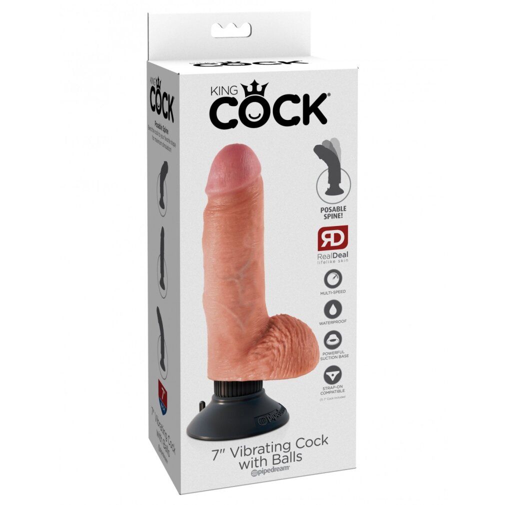Produktverpackung. Vibrator mit Hoden und Saugfuß. Text: 'King Cock', '7" Vibrating Cock'.