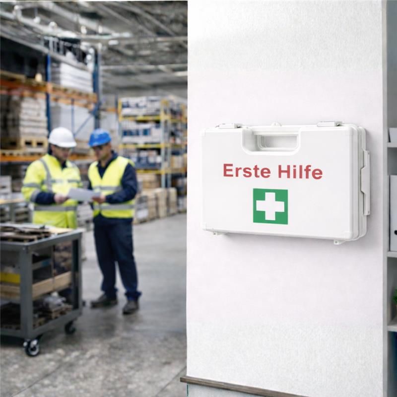 Erste-Hilfe-Koffer an Wand montiert. Rote Aufschrift „Erste Hilfe“ und grünes Kreuz. Hintergrund: Industrieumgebung.