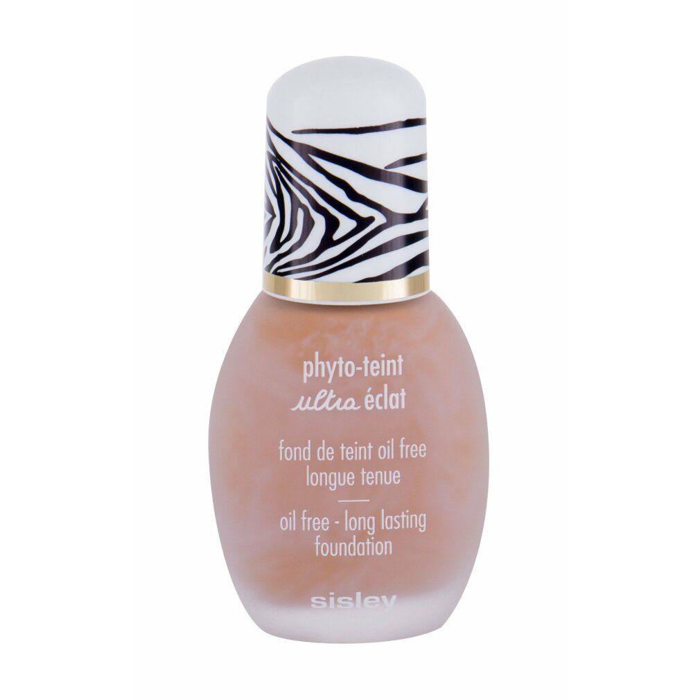 Sisley Phyto-Teint Ultra Eclat. Flasche mit Zebra-Muster-Deckel. Text: Oil free - long lasting foundation.