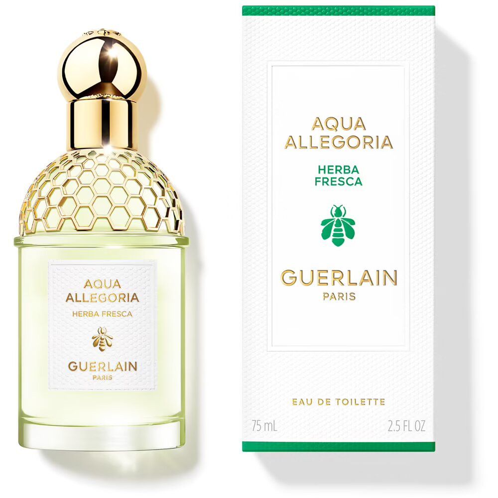 Flakon und Verpackung von Guerlain Aqua Allegoria Herba Fresca. Flakon mit goldfarbenem Verschluss, weißer Aufkleber, grüne Flüssigkeit.