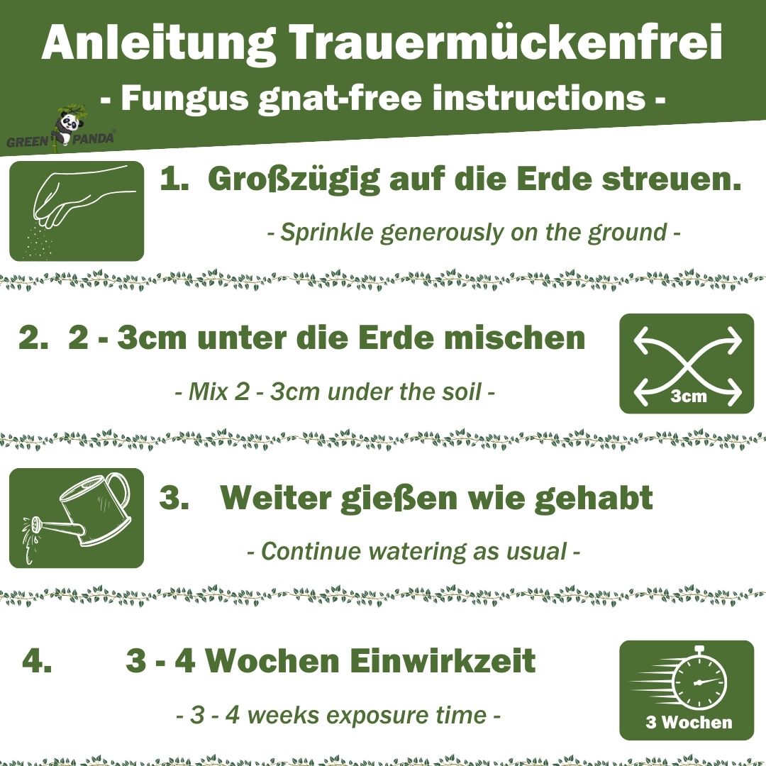 Anleitung Trauermückenfrei: Streuen, mischen, gießen, 3-4 Wochen Einwirkzeit. Green Panda Logo.